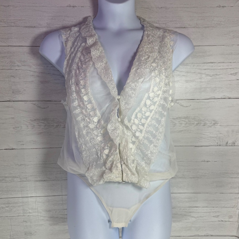 Intimately Free People Ivory Lace Bodysuit Sheer Ruffle Medium Coquette boho - Picture 2 of 12